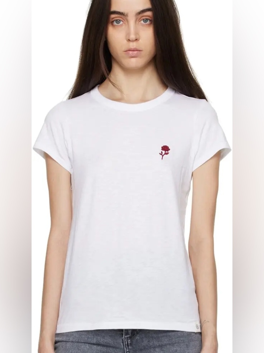 RAG & BONE Crewneck Tee with Small Red Rose Embroidery (124)
